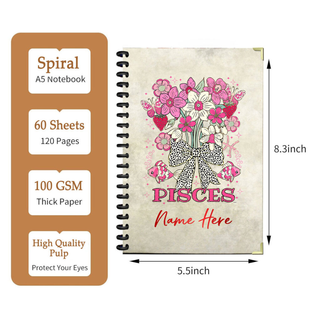 Pisces Personalized Notebook – Vintage Flowers Bouquet Custom Name Journal – Zodiac Gift for Women & Girls – Aesthetic Floral Lined Writing Notebook for Journaling, Notes & Affirmations 2 3 PERNOTE014 pisces