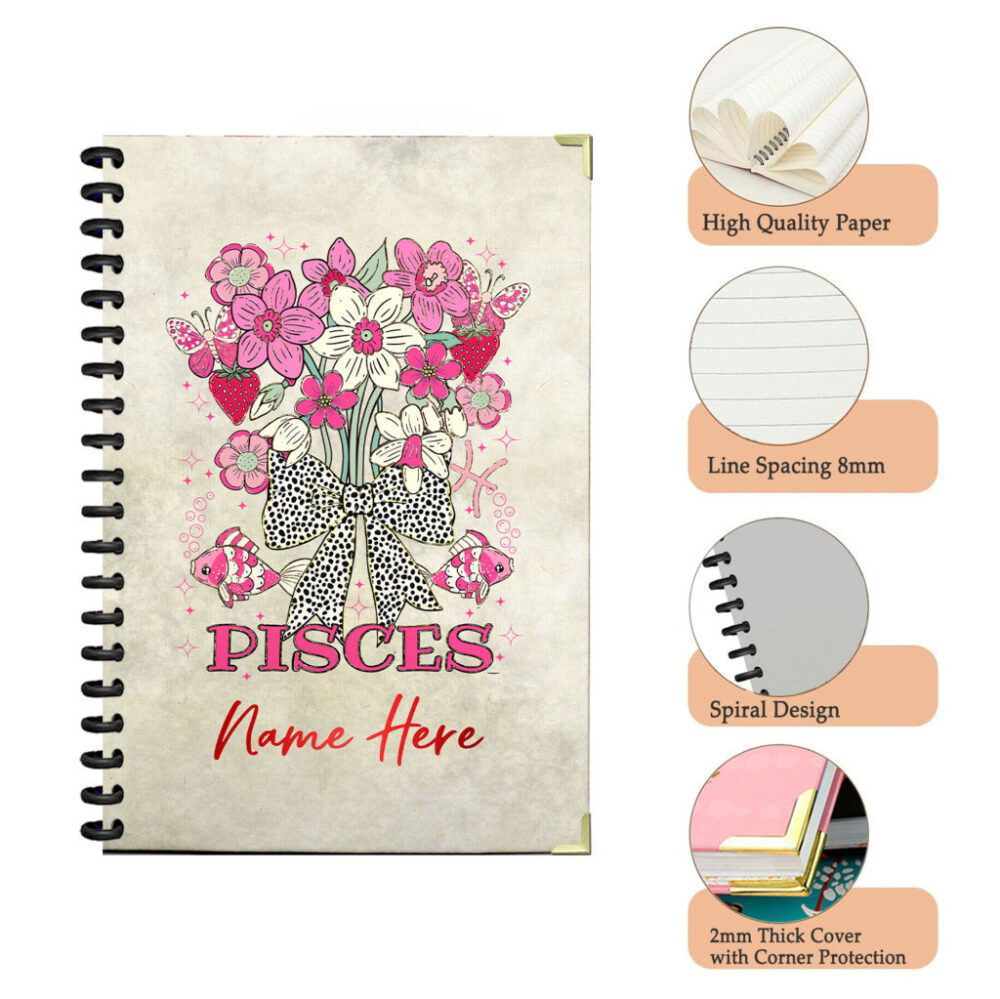 Pisces Personalized Notebook – Vintage Flowers Bouquet Custom Name Journal – Zodiac Gift for Women & Girls – Aesthetic Floral Lined Writing Notebook for Journaling, Notes & Affirmations 3 4 PERNOTE014 pisces