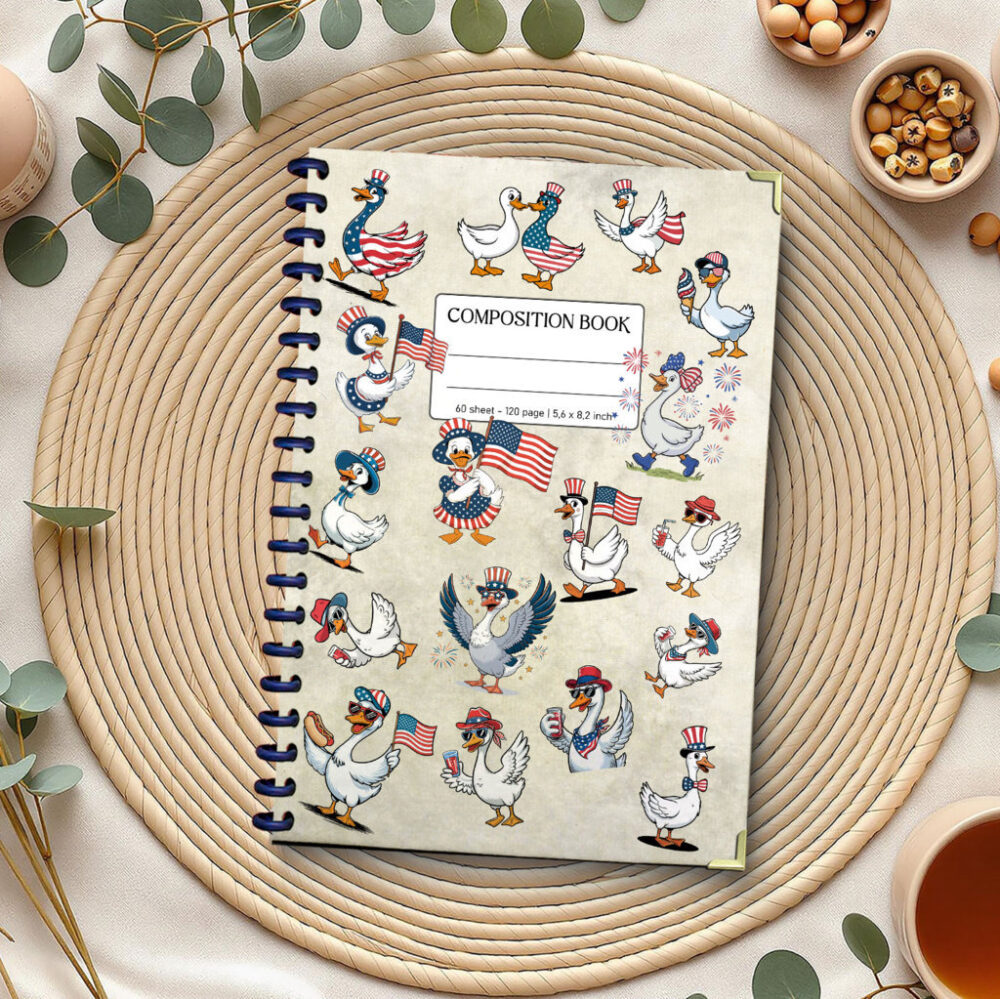 Celebrate Independence Day with Quacky Charm! Patriotic Goose in Hilarious Poses 5,5 x 8,3 inch 120-Page Spiral Notebook Journaling. 1 2 NOTB0001