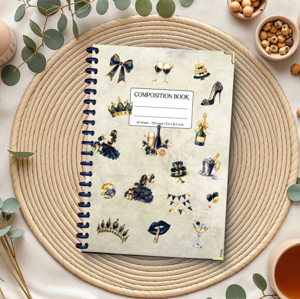 Luxury Black & Gold Composition Spiral Notebook 5,5 x 8,3 Inch 120 Page Glam Party Journal for Women 1 2 NOTB0004