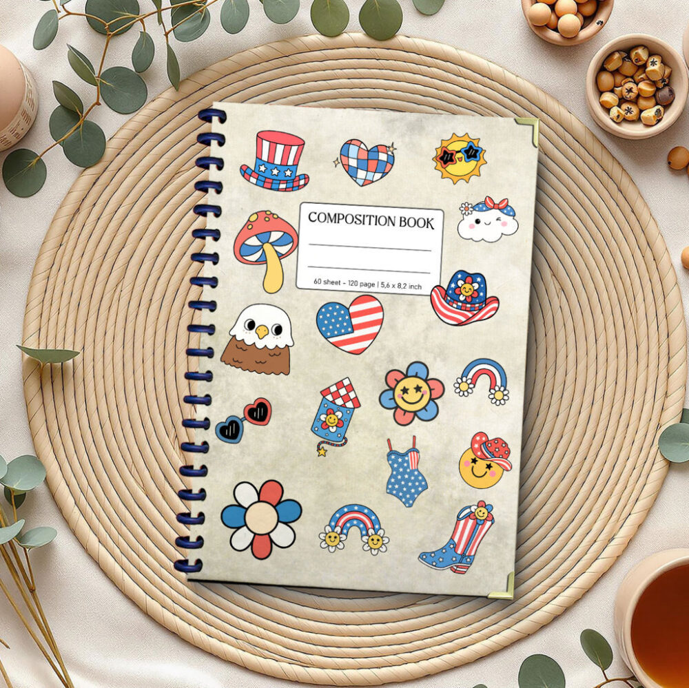 Cute 4th of July USA Flag Patriotic Composition Spiral Notebook Retro Y2K American 120 Pages, 5.6x8.2 inch Journal for Girls Teens 1 2 NOTB0018