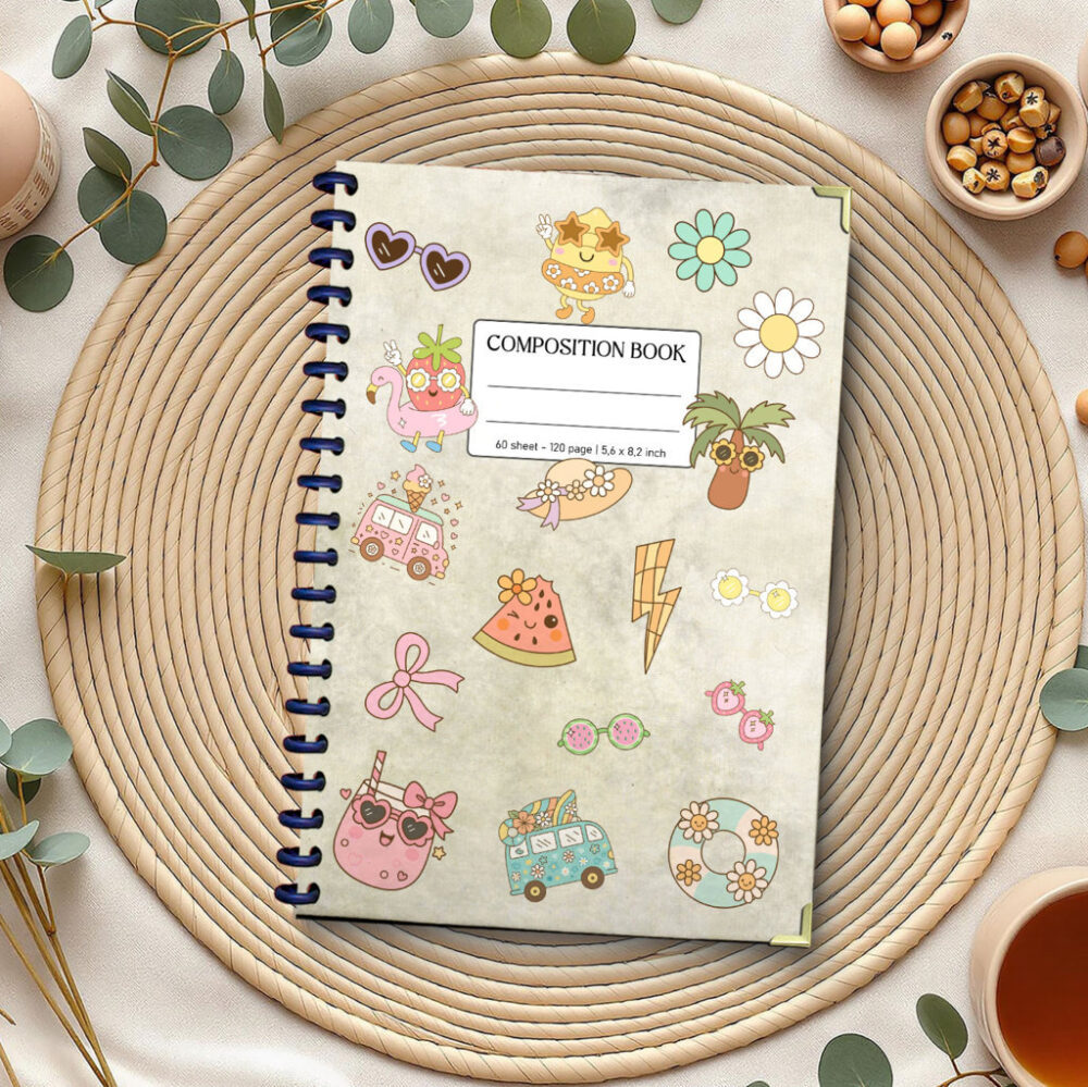 Cute Summer Aesthetic Composition Notebook – 120 Pages, 5.6x8.3 Inch Pastel Boho Kawaii Notebook for Girls, Teens, School or Journaling 1 2 NOTB0024