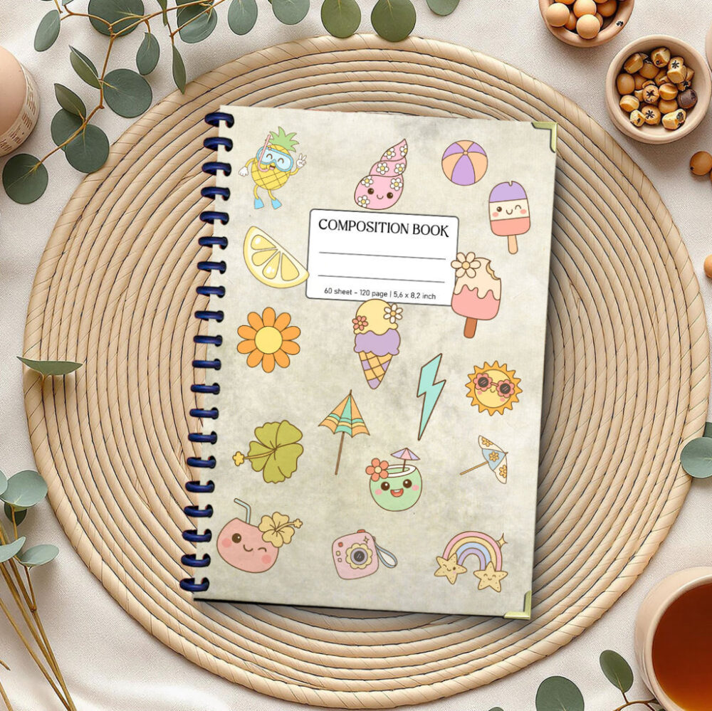 Cute Kawaii Journal with Pastel Beach & Fruit Doodles Fun Summer Vibes Spiral Notebook 120 Pages Lined, 5.6x8.3” for Girls, Teens 1 2 NOTB0025