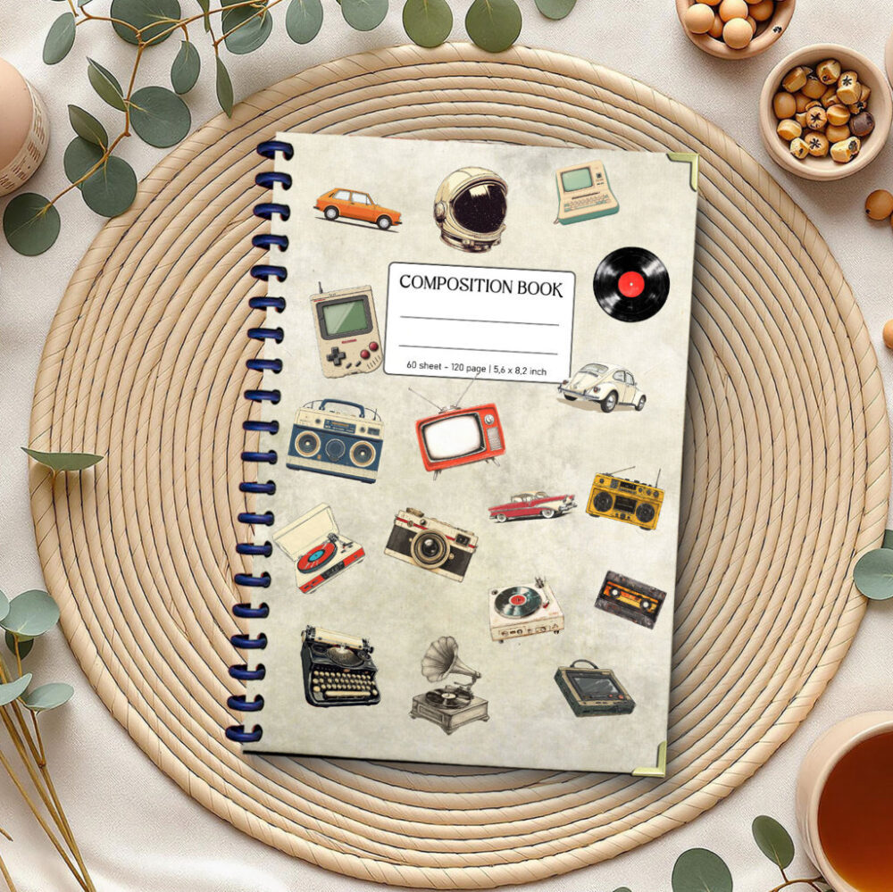 Retro Gamer Composition Spiral Notebook Vintage Tech & Media Theme Journal for Teens & Adults 5.5x8.3" 120 Pages Lined Notebook 1 2 NOTB0027