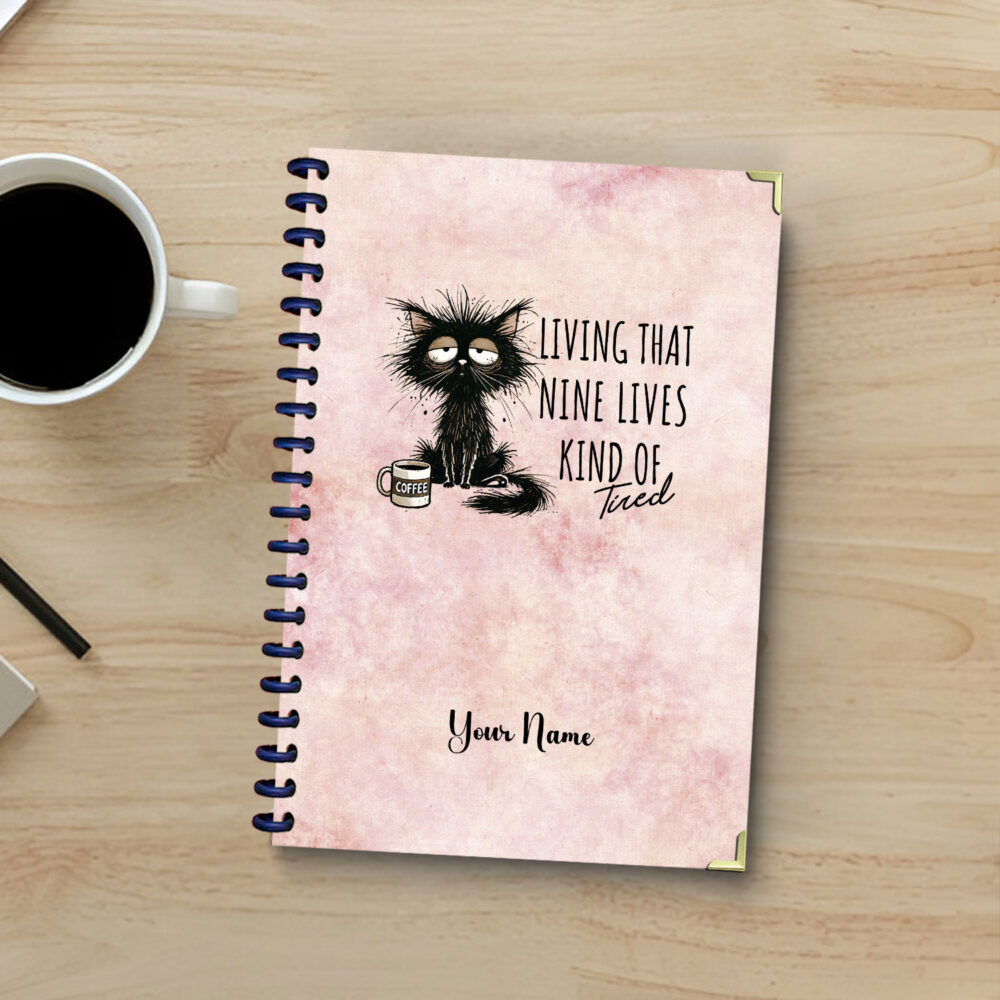 Tired Black Cat Coffee Funny Spiral Notebook for Lazy Days 5.5 x 8.3 in, 120 Lined Pages Grumpy Cat Journal for Coffee Lovers & Sleepyheads 1 2 NOTB0043