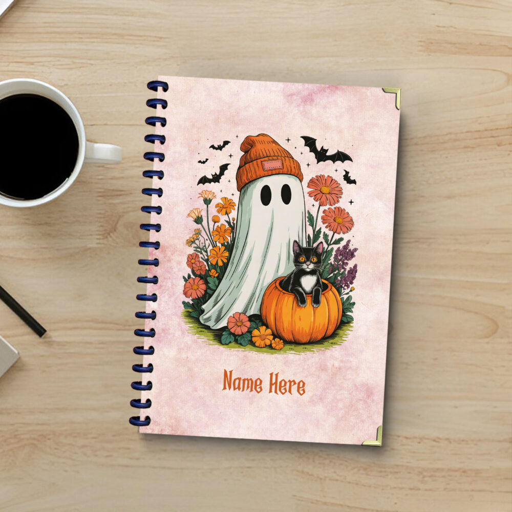 Cute Halloween Ghost Cat with Pumpkin & Design Spiral Notebook Vintage Floral Journal Ruled Notepad for Writing 120 Pages, 5.5 x 8.3 1 2 NOTB0182