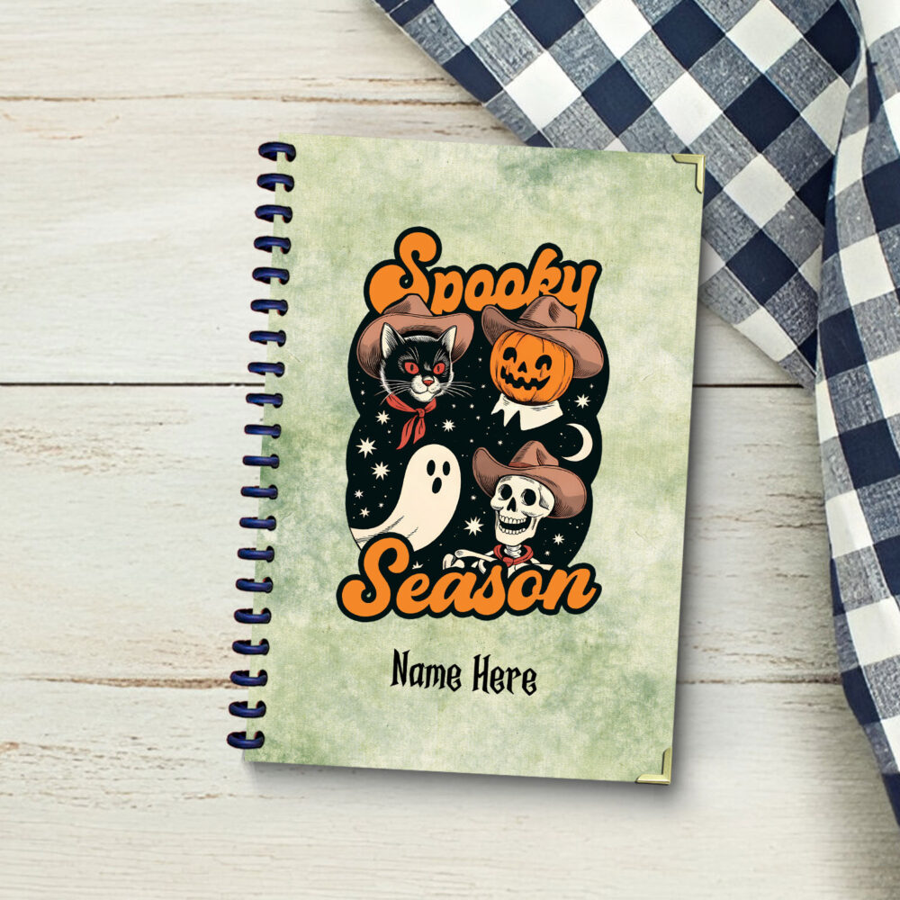 Vintage Western Halloween Cowboy Cat, Pumpkin, Skeleton & Ghost Design Season Spiral Notebook Durable Journal 120 Pages, 5.5 x 8.3 1 2 NOTB0185