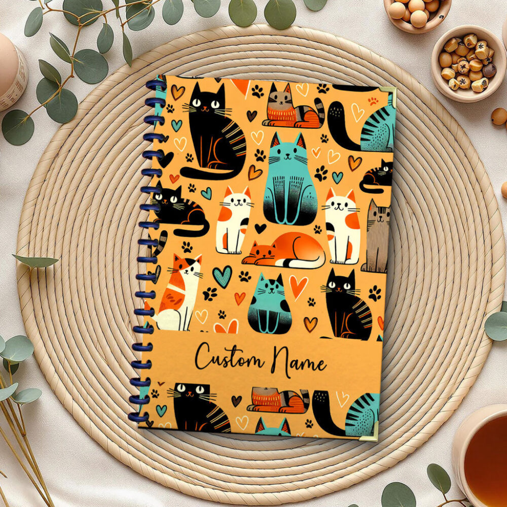 Personalize Spiral Notebook Cat Seamless Pattern, Funny Cartoon Animals 120 Pages, 5.5 x 8.3 inch 1 2 PERNOTE118