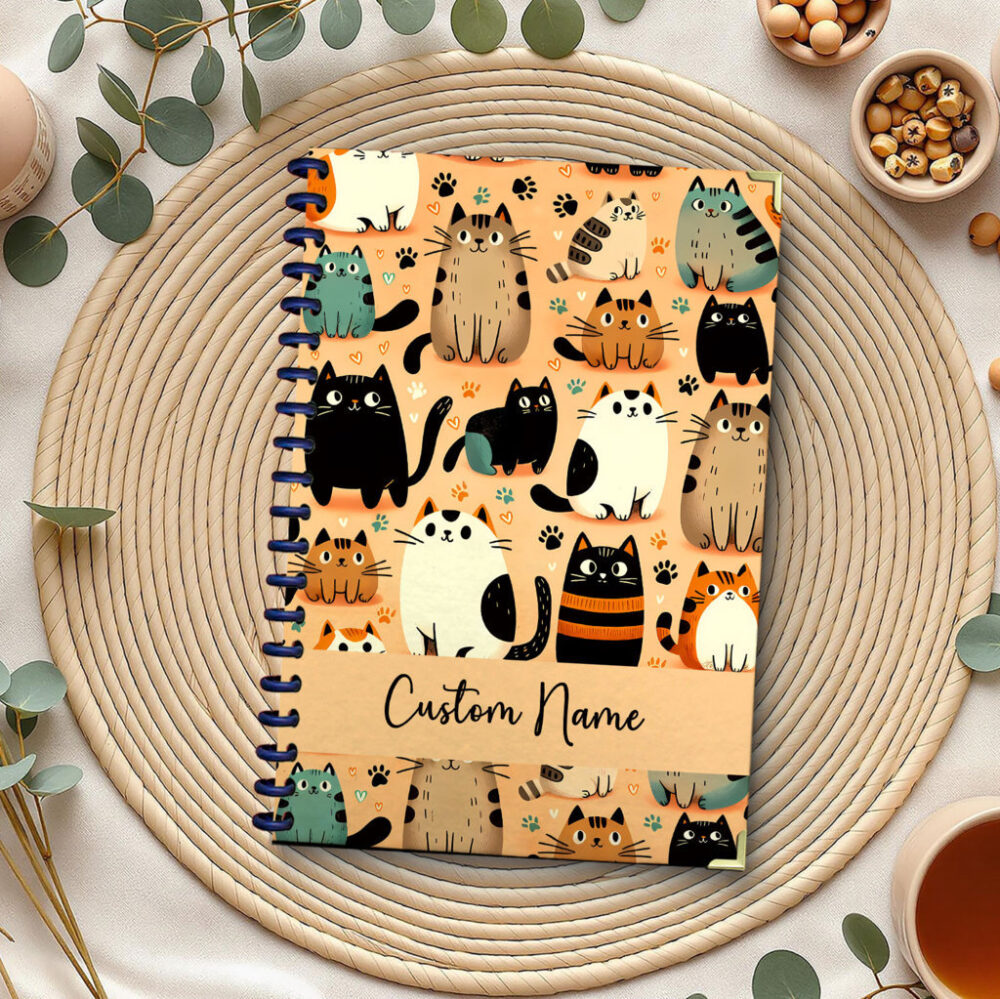 Personalize Spiral Notebook Cat Seamless Pattern Funny Cartoon 120 Pages, 5.5 x 8.3 inch 1 2 PERNOTE119