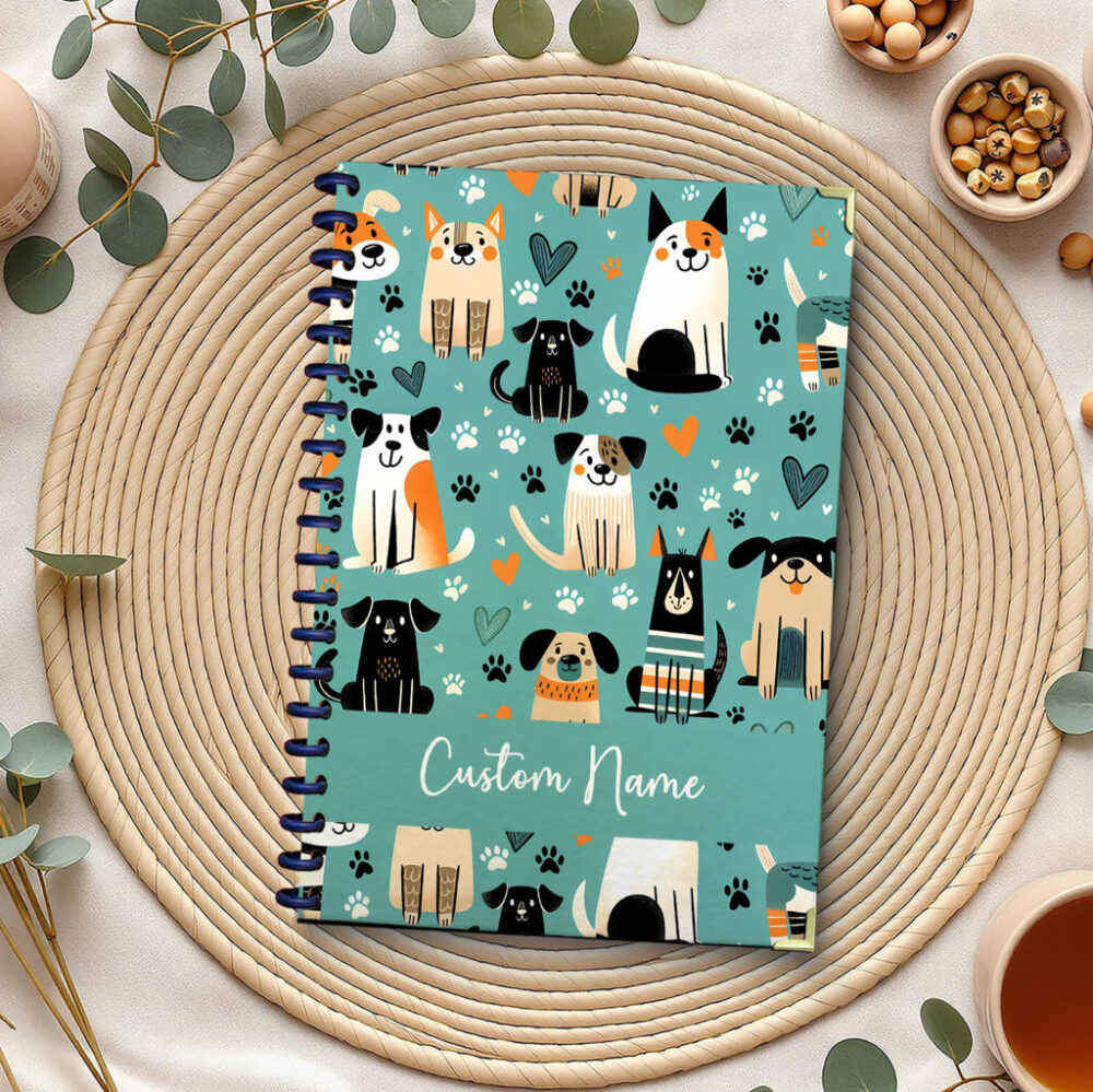 Personalize Spiral Notebook Dog Puppy Cartoon Animal Seamless Pattern 120 Pages, 5.5 x 8.3 inch 1 2 PERNOTE149