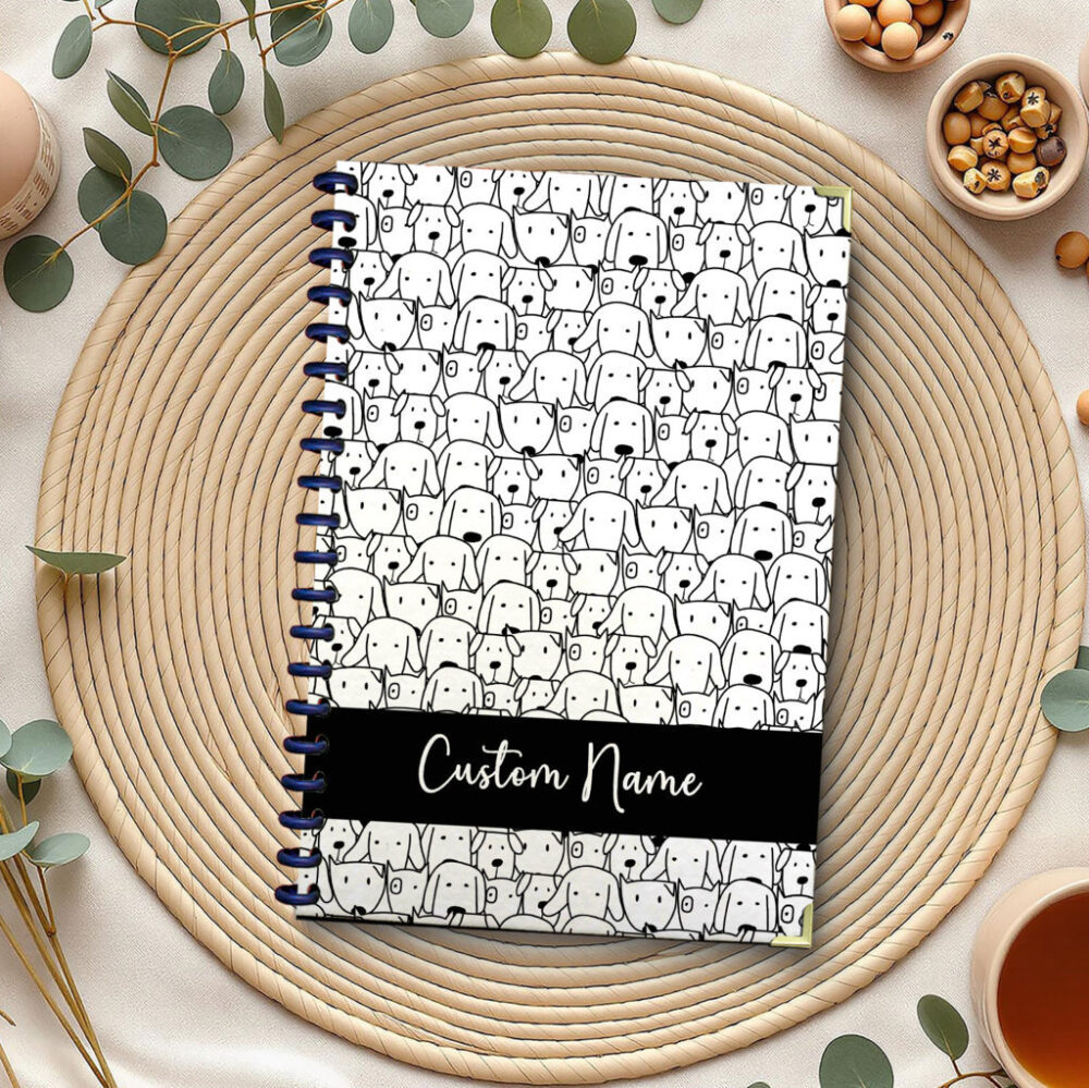Personalize Spiral Notebook Minimalist Dog Line Art Seamless Pattern 120 Pages, 5.5 x 8.3 inch 1 2 PERNOTE165