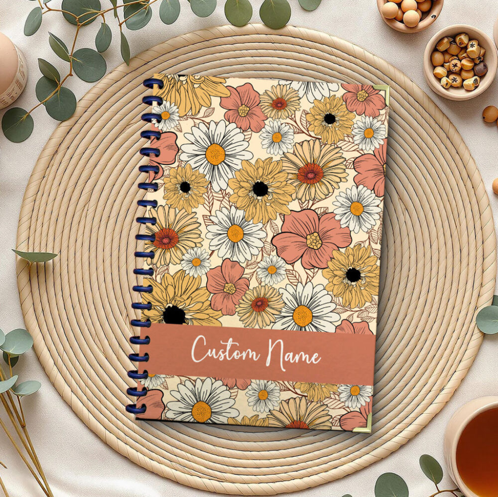 Personalize Spiral Notebook Retro Wildflowers Seamless Pattern 120 Pages, 5.5 x 8.3 inch 1 2 PERNOTE178