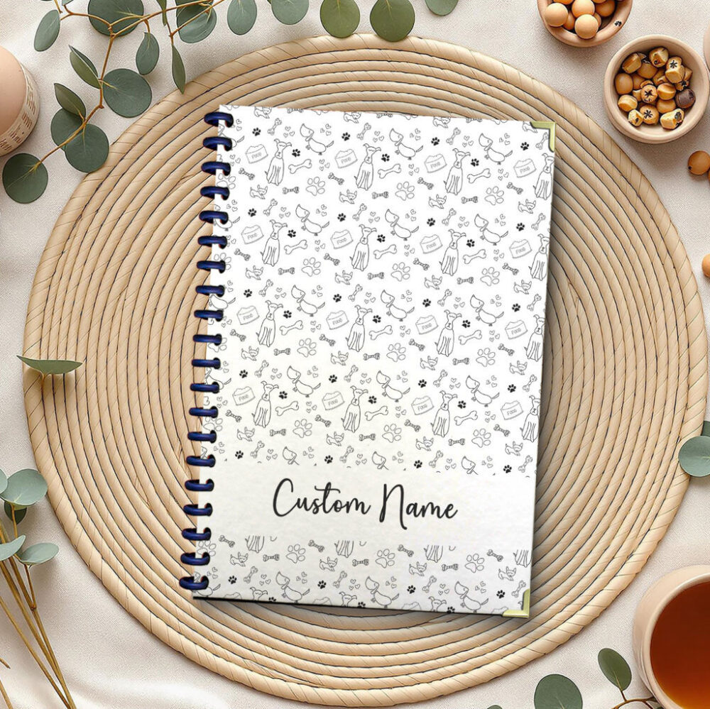 Personalize Spiral Notebook A Playful Monochrome Seamless Pattern Hand-Drawn Outline Dogs, Bones, Paw Prints, and Food Bowls 120 Pages, 5.5 x 8.3 inch 1 2 PERNOTE181