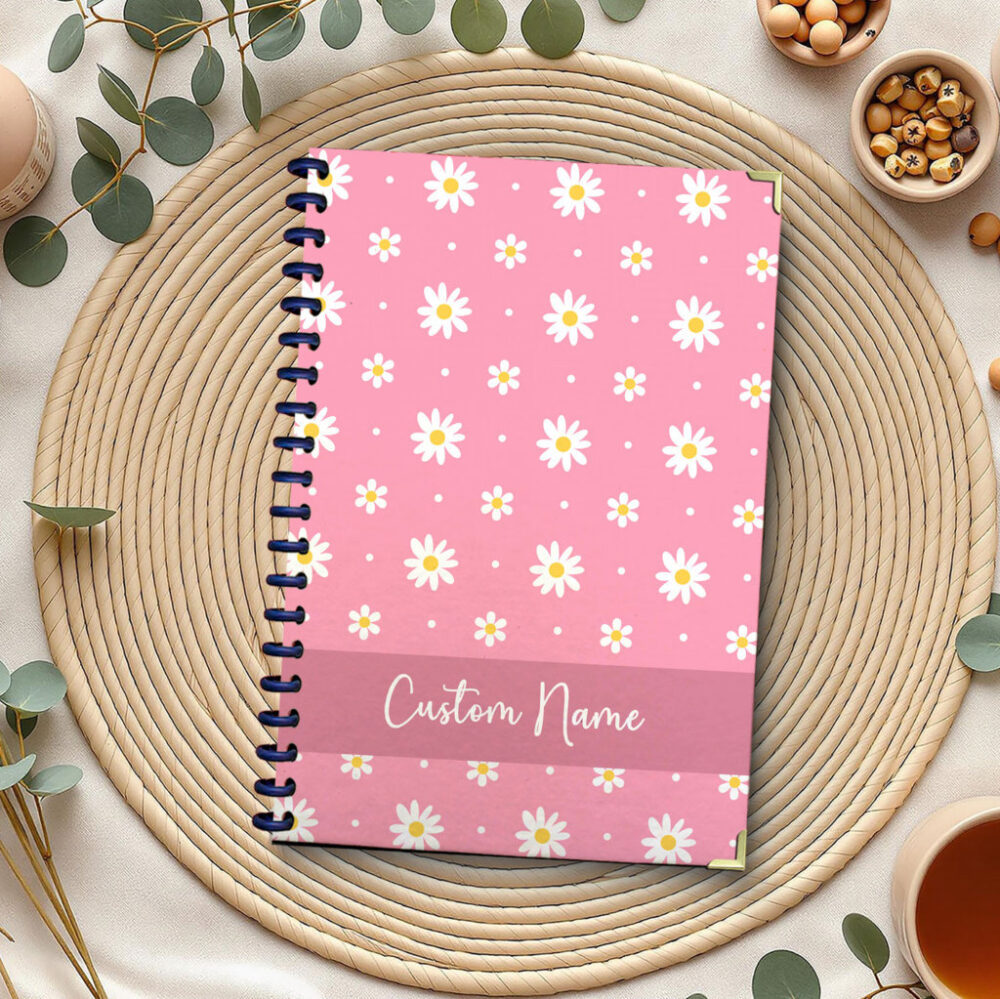 Personalized Spiral Notebook Pink Daisy Floral Pattern with White Dots 120 Pages, 5.5 x 8.3 inch 1 2 PERNOTE186