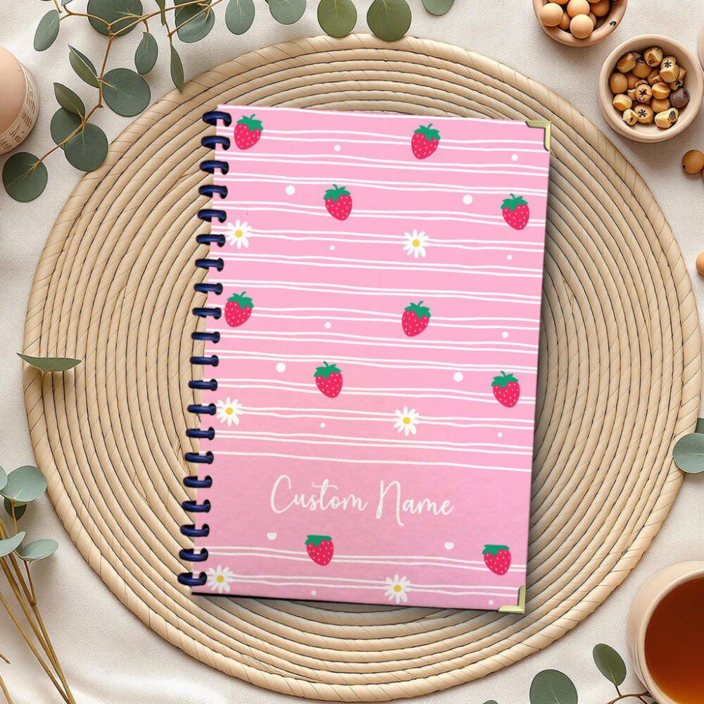 Personalized Spiral Notebook Pink Seamless Pattern with Strawberries, Daisies, White Stripes, and Dots 120 Pages, 5.5 x 8.3 inch 1 2 PERNOTE188