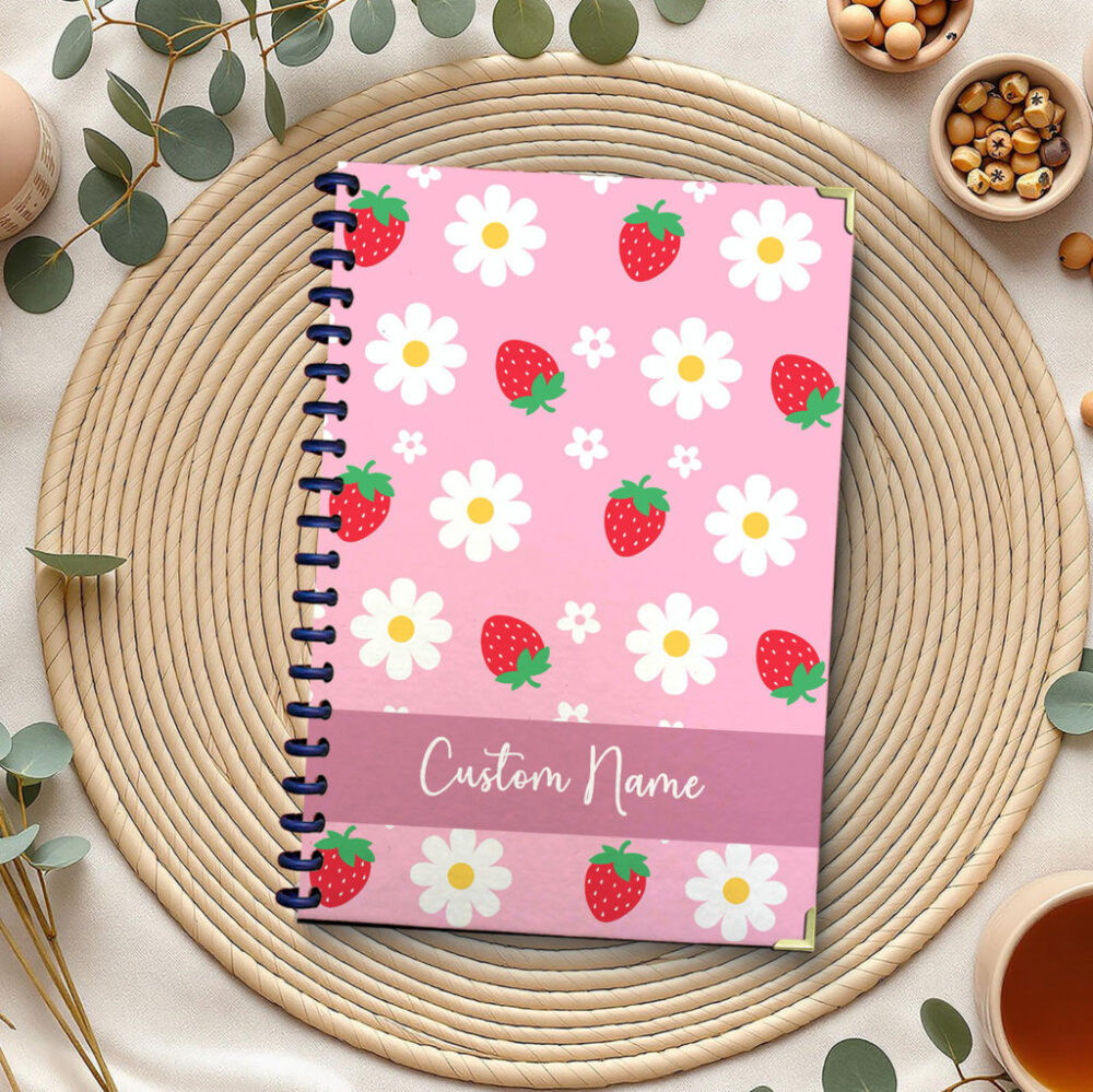 Personalized Spiral Notebook Red Strawberries and White Daisies Pattern 120 Pages, 5.5 x 8.3 inch 1 2 PERNOTE189
