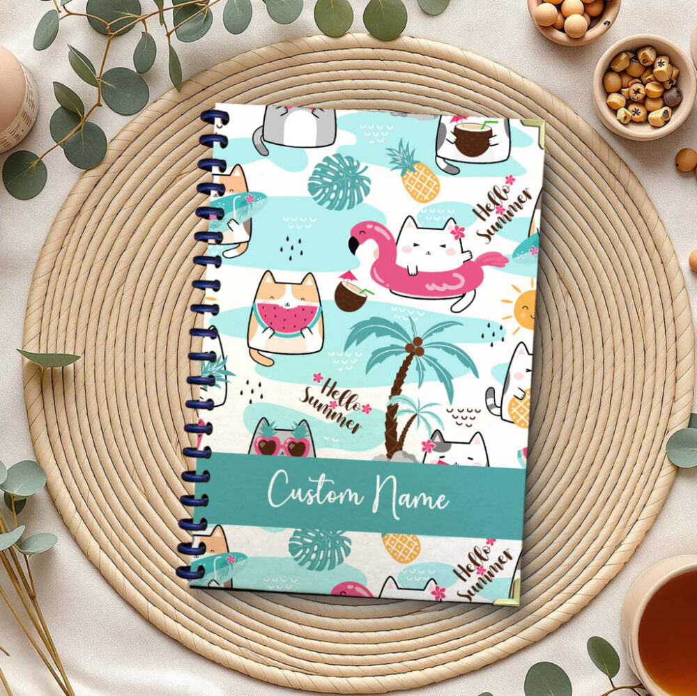 Personalized Spiral Notebook Playful Cartoon Cats Summer Pattern with Palm Trees, Pineapples, “Hello Summer” Text on Light Blue Background, Fun Tropical Journal 120 Pages, 5.5 x 8.3 inch 1 2 PERNOTE195