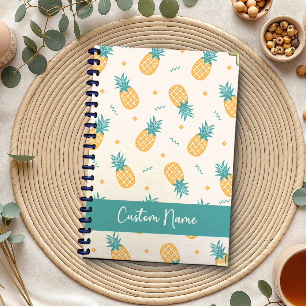 Personalized Spiral Notebook Playful Yellow Pineapples with Teal Leaves, Orange Wavy Lines and Diamond Shapes on Light Cream Background, Tropical Summer Journal 120 Pages, 5.5 x 8.3 inch 1 2 PERNOTE196