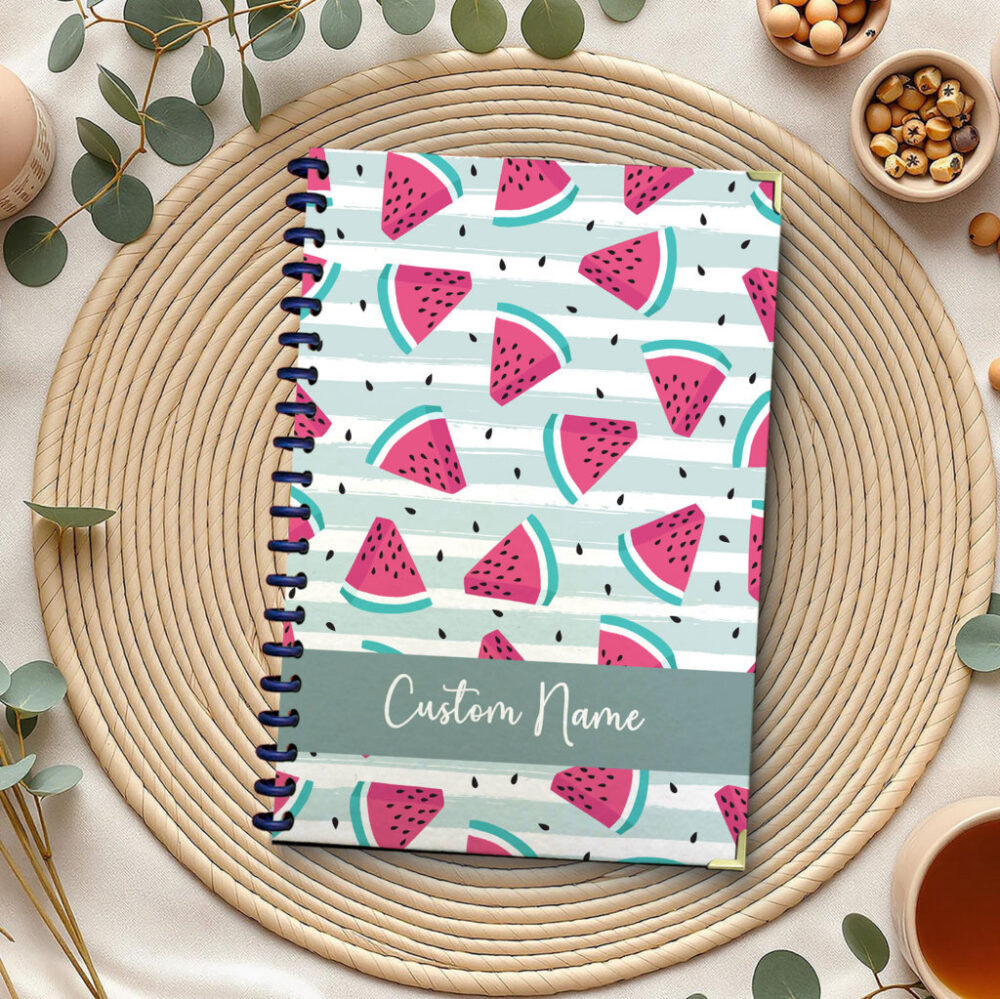 Personalized Spiral Notebook Vibrant Pink Watermelon Slices with Teal Rinds and Black Seeds on Light Blue Background with White Brush Strokes, Fun Summer Pattern Journal 120 Pages, 5.5 x 8.3 inch 1 2 PERNOTE197