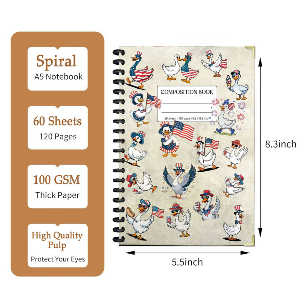 Celebrate Independence Day with Quacky Charm! Patriotic Goose in Hilarious Poses 5,5 x 8,3 inch 120-Page Spiral Notebook Journaling. 2 3 NOTB0001