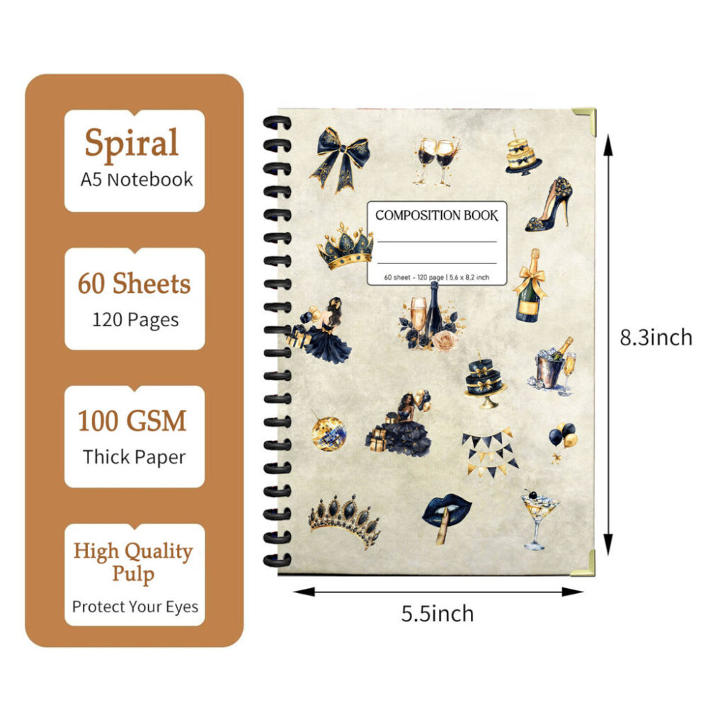 Luxury Black & Gold Composition Spiral Notebook 5,5 x 8,3 Inch 120 Page Glam Party Journal for Women 2 3 NOTB0004