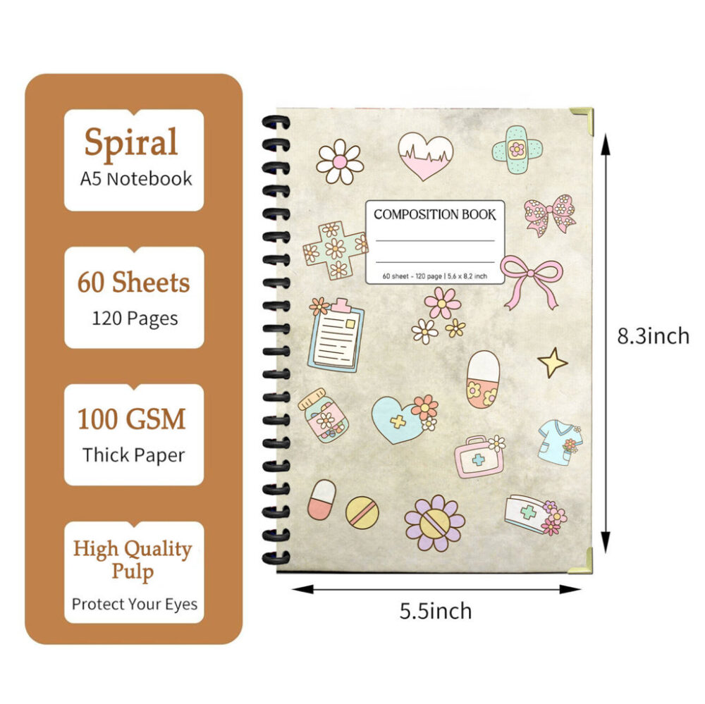 Cute Nurse Spiral Notebook - Kawaii Medical Composition Book with Pastel Pills, Syringe & Coffee Cup 120 Pages 5.6 x 8.2 inch 2 3 NOTB0013