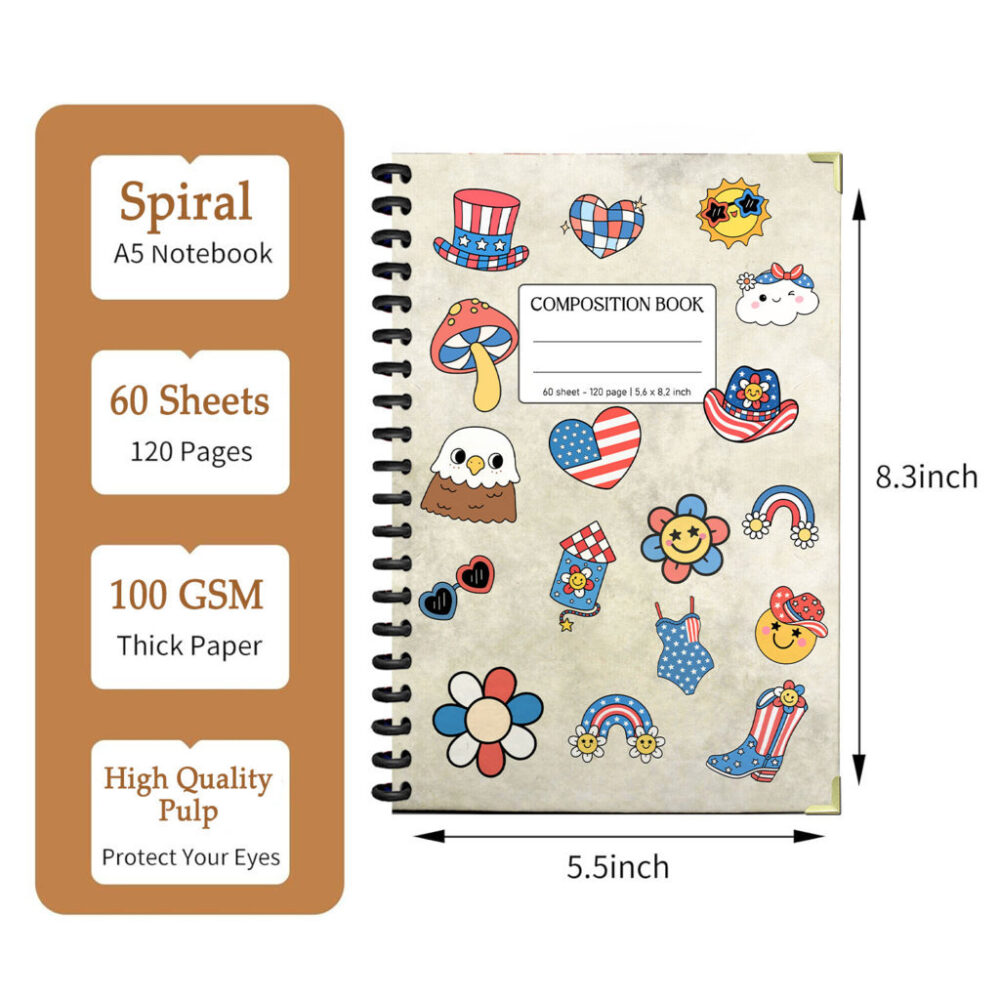 Cute 4th of July USA Flag Patriotic Composition Spiral Notebook Retro Y2K American 120 Pages, 5.6x8.2 inch Journal for Girls Teens 2 3 NOTB0018