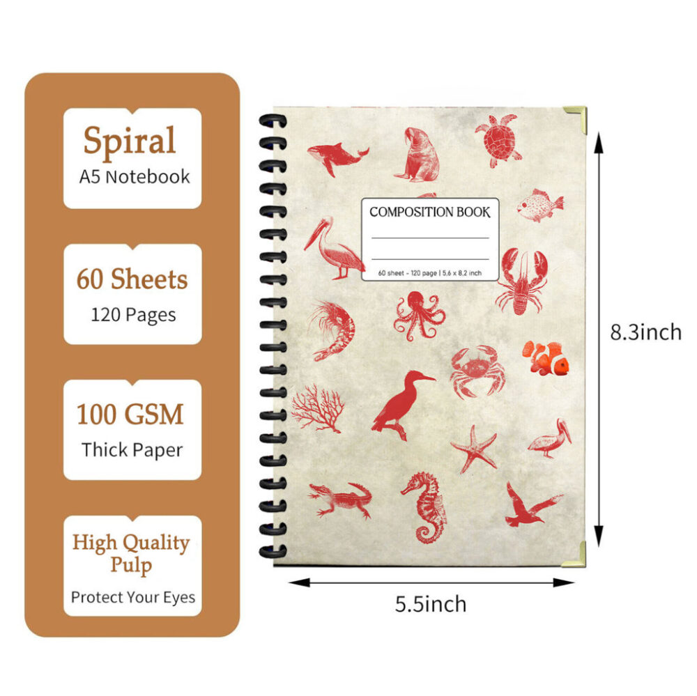 Vintage Ocean Animal Sea Life Journal with Red Marine Creatures Composition Spiral Notebook 5.6 x 8.3 inch 120 Pages Aesthetic Sketchbook 2 3 NOTB0022