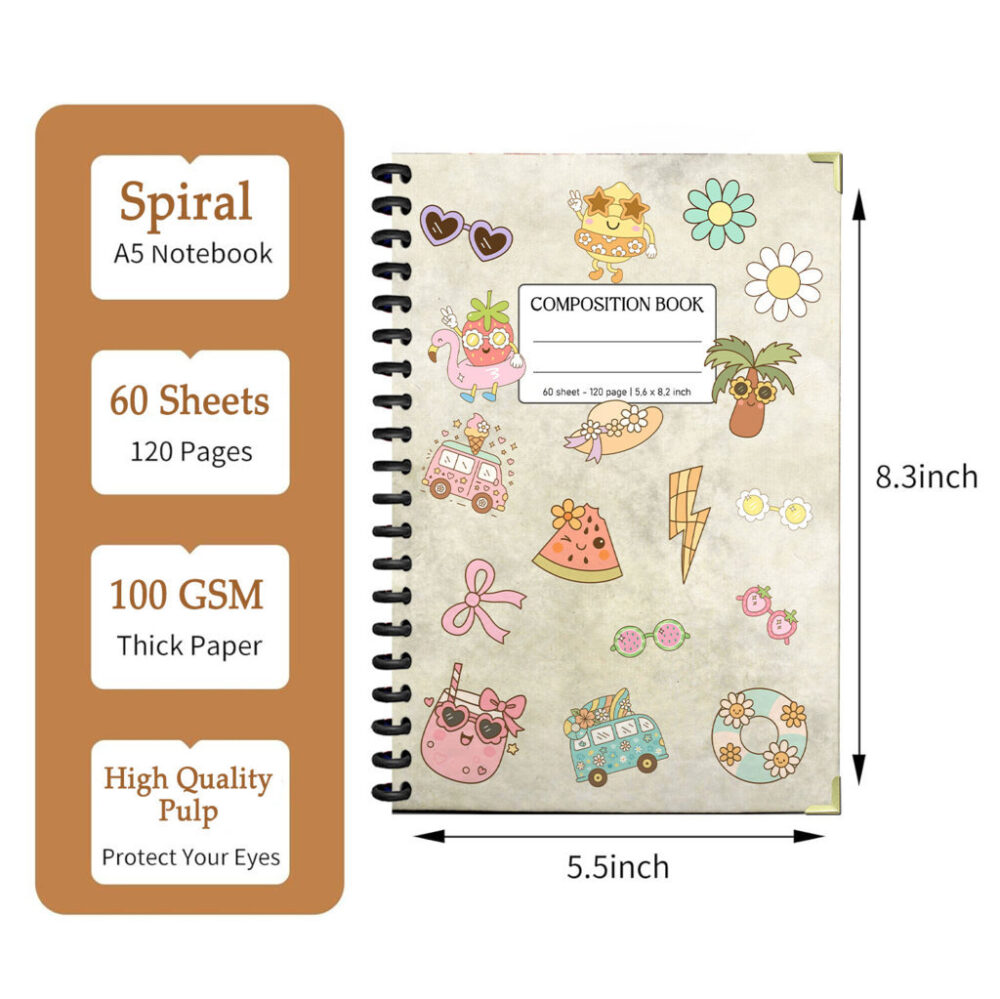 Cute Summer Aesthetic Composition Notebook – 120 Pages, 5.6x8.3 Inch Pastel Boho Kawaii Notebook for Girls, Teens, School or Journaling 2 3 NOTB0024