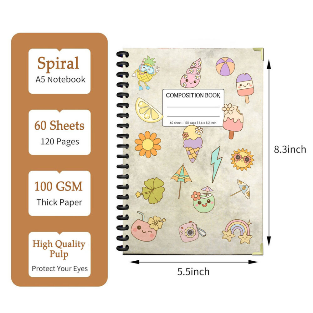 Cute Kawaii Journal with Pastel Beach & Fruit Doodles Fun Summer Vibes Spiral Notebook 120 Pages Lined, 5.6x8.3” for Girls, Teens 2 3 NOTB0025