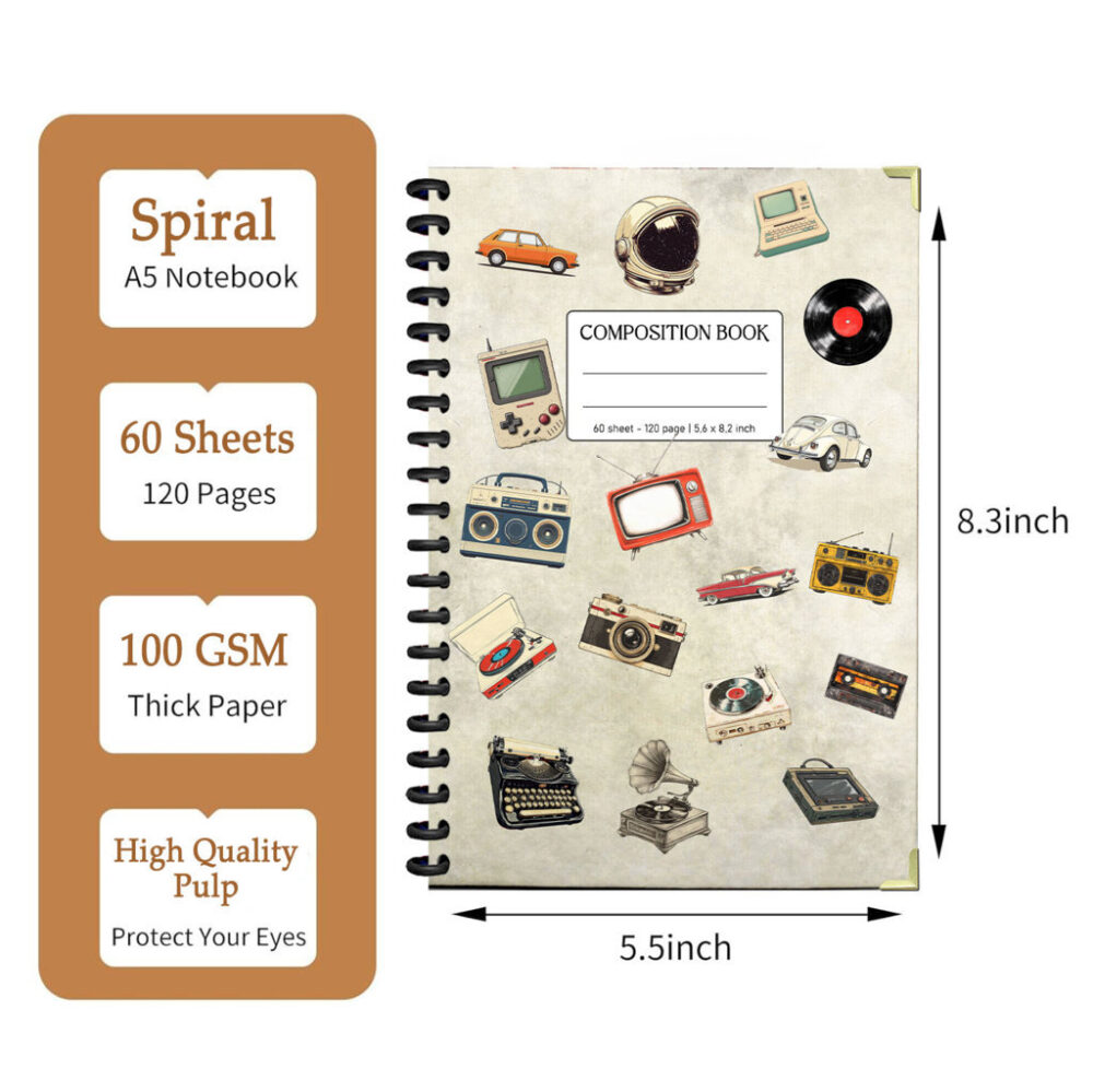 Retro Gamer Composition Spiral Notebook Vintage Tech & Media Theme Journal for Teens & Adults 5.5x8.3" 120 Pages Lined Notebook 2 3 NOTB0027