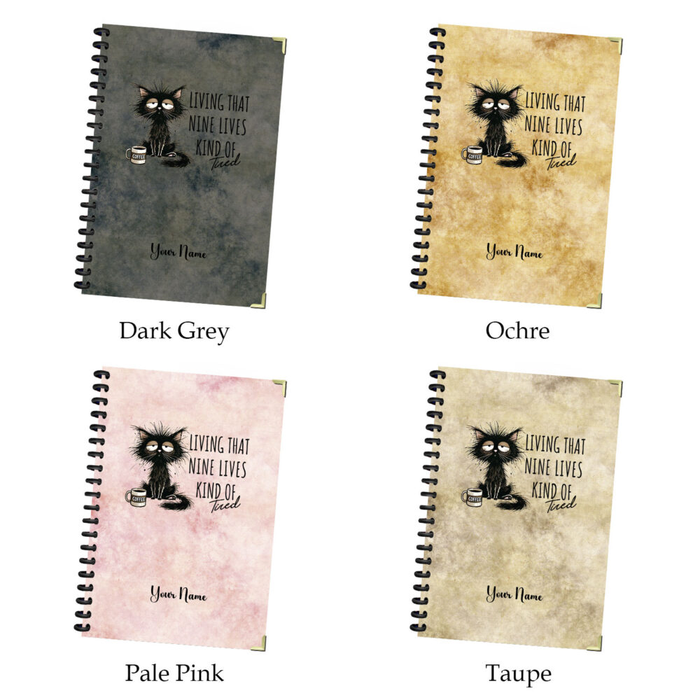 Tired Black Cat Coffee Funny Spiral Notebook for Lazy Days 5.5 x 8.3 in, 120 Lined Pages Grumpy Cat Journal for Coffee Lovers & Sleepyheads 2 3 NOTB0043