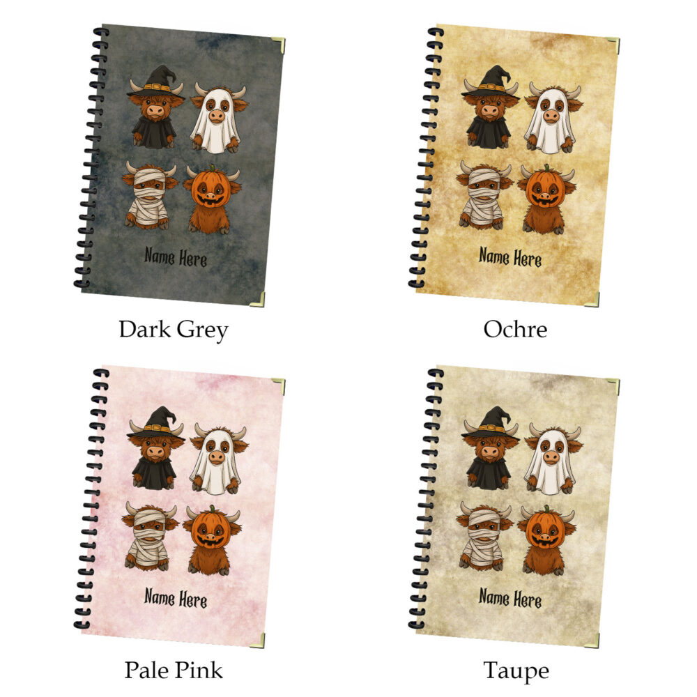 Highland Cow Halloween Spiral Notebook – Cute Witch Ghost Pumpkin Mummy Design,, Durable Rounded Corners 120 Pages, 5.5 x 8.3 2 3 NOTB0168