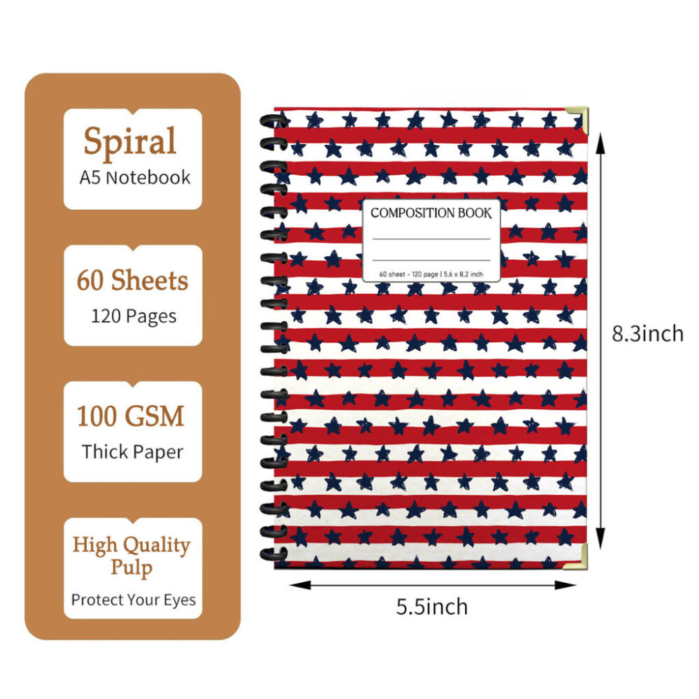 Spiral Notebook USA Stars Stripes 4th July Independence Day Patriotic American Flag Journal 120 Pages, 5.5 x 8.3 inch 2 3 PERNOTE104 1