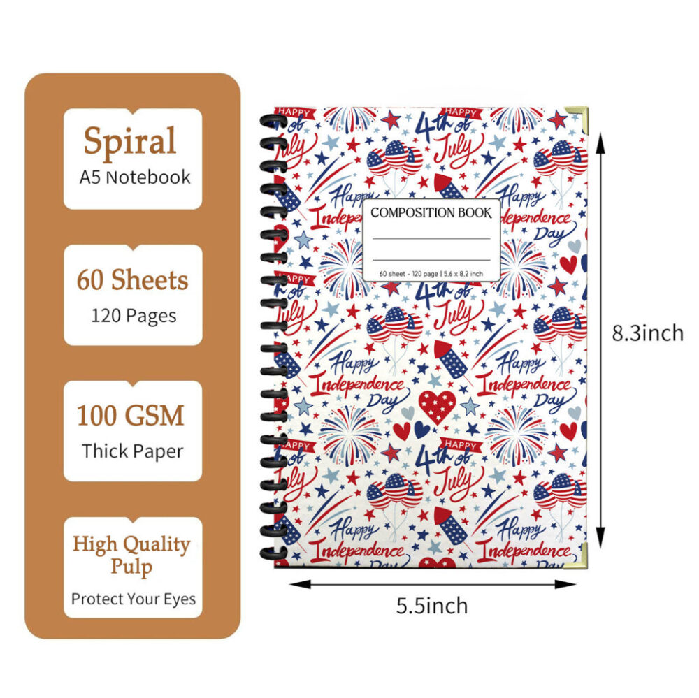 Spiral Notebook Fourth July Patriotic Seamless Pattern Red White Blue Independence Celebration 120 Pages, 5.5 x 8.3 inch 2 3 PERNOTE105 1