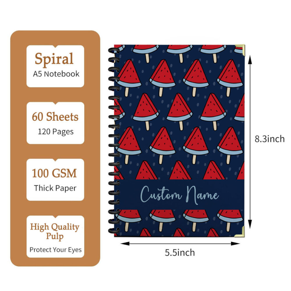 Personalize Spiral Notebook Blue Watermelon Seamless Pattern 120 Pages, 5.5 x 8.3 inch 2 3 PERNOTE109