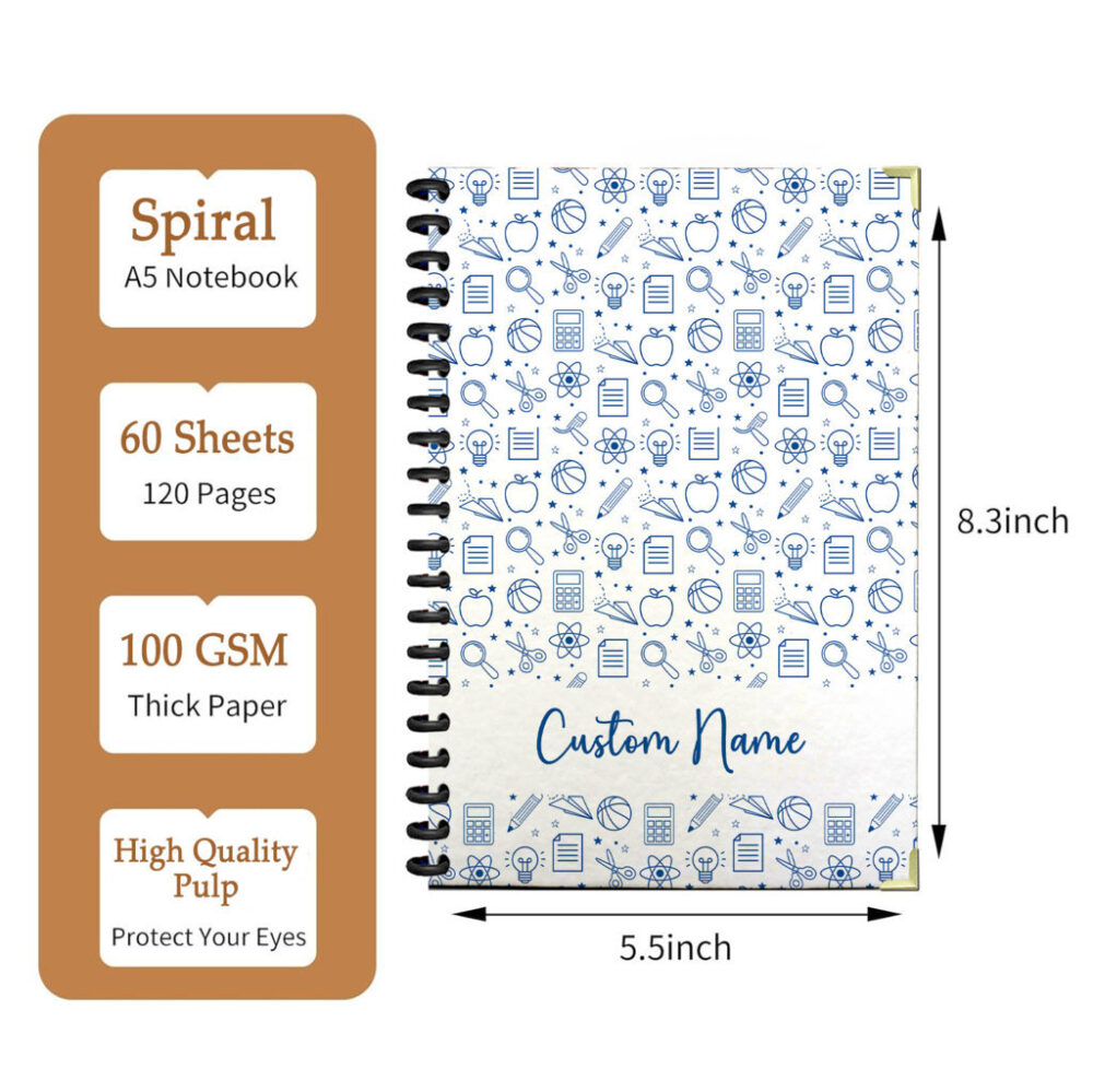Personalize Spiral Notebook Childrens School Doodle Elements , Back to School 120 Pages 5.5 x 8.3 inch 2 3 PERNOTE115