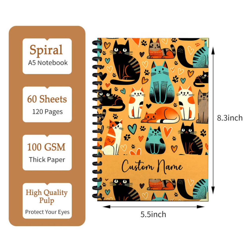 Personalize Spiral Notebook Cat Seamless Pattern, Funny Cartoon Animals 120 Pages, 5.5 x 8.3 inch 2 3 PERNOTE118