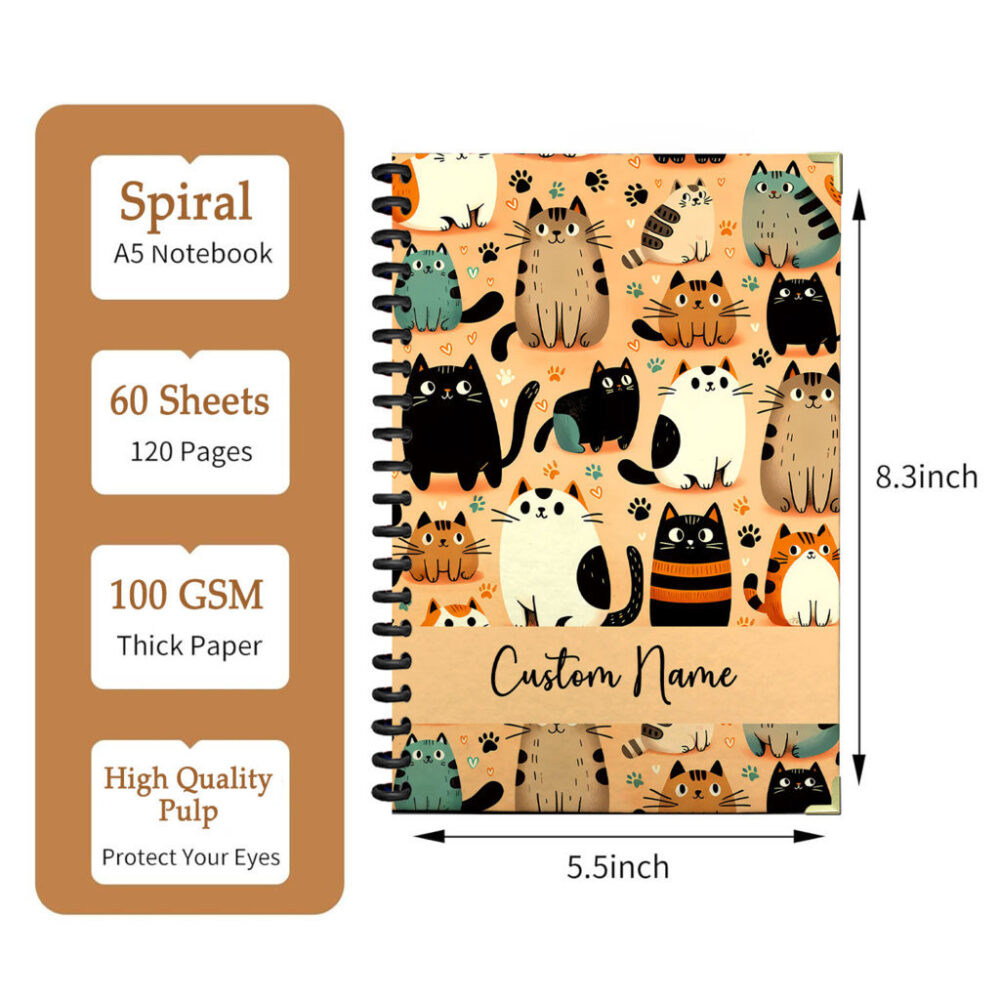 Personalize Spiral Notebook Cat Seamless Pattern Funny Cartoon 120 Pages, 5.5 x 8.3 inch 2 3 PERNOTE119