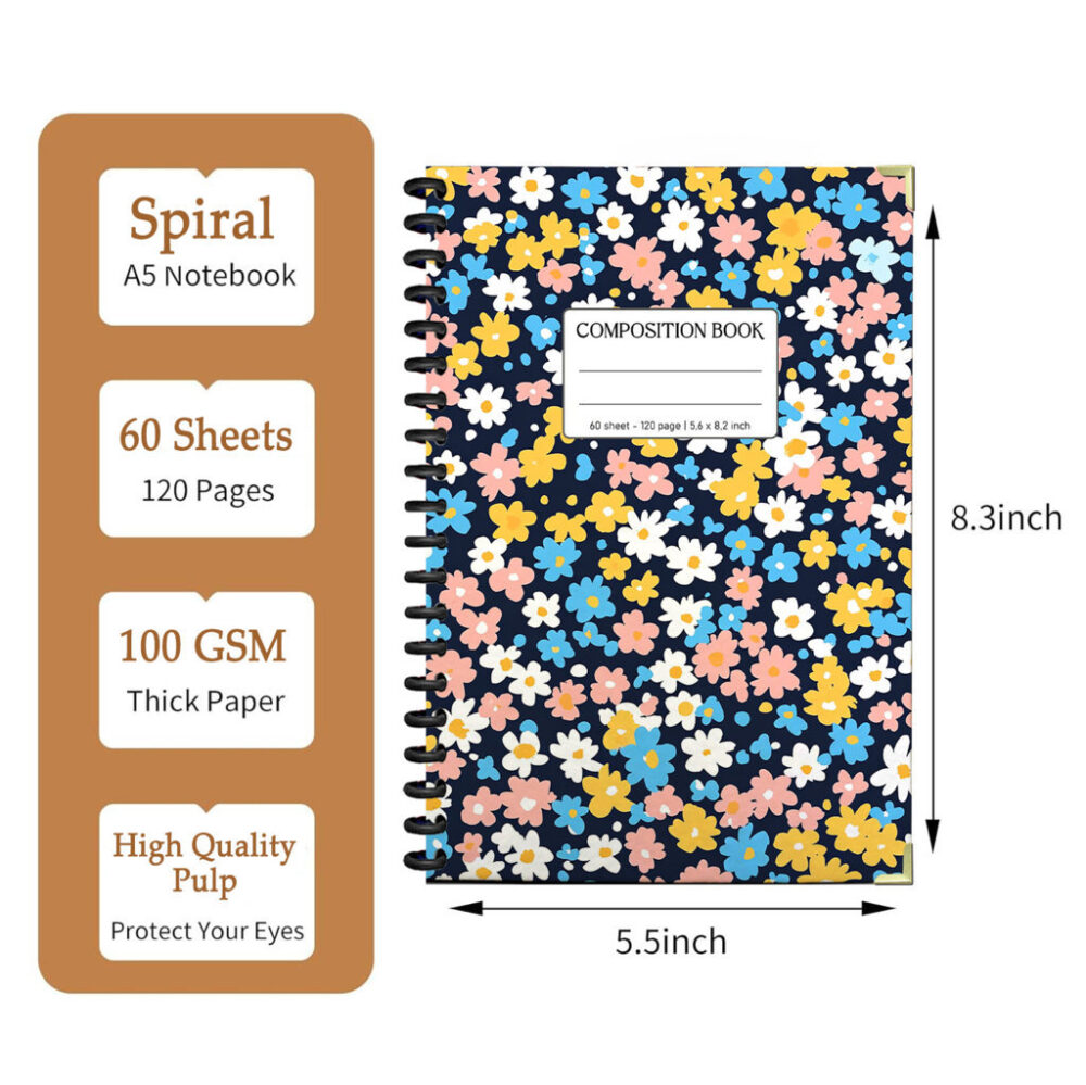 Spiral Notebook Colorful Flowers Seamless Pattern Rainbow Floral Garden Botanical Nature Journal 120 Pages, 5.5 x 8.3 inch 2 3 PERNOTE134 1