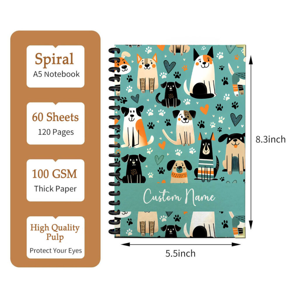 Personalize Spiral Notebook Dog Puppy Cartoon Animal Seamless Pattern 120 Pages, 5.5 x 8.3 inch 2 3 PERNOTE149
