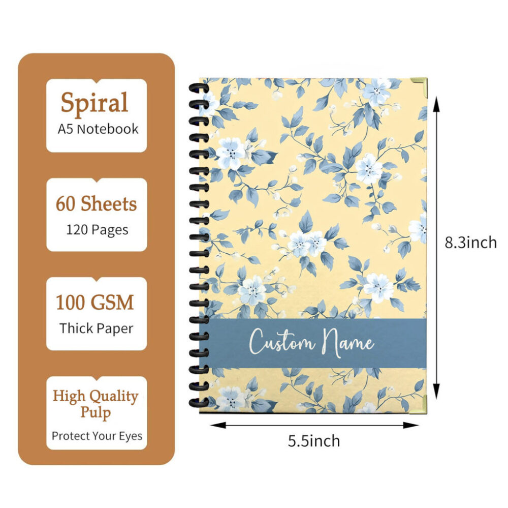 Personalize Spiral Notebook Fresh Spring Flowers Seamless Pattern 120 Pages, 5.5 x 8.3 inch 2 3 PERNOTE150