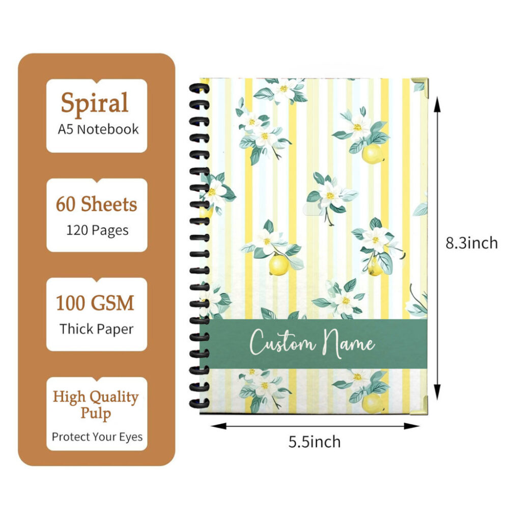 Personalize Spiral Notebook Lemon Fruits Leaves Flowers Seamless Pattern 120 Pages, 5.5 x 8.3 inch 2 3 PERNOTE156