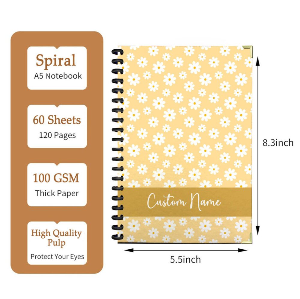 Personalize Spiral Notebook White Daisies Wild Flowers Seamless Pattern 120 Pages, 5.5 x 8.3 inch 2 3 PERNOTE159