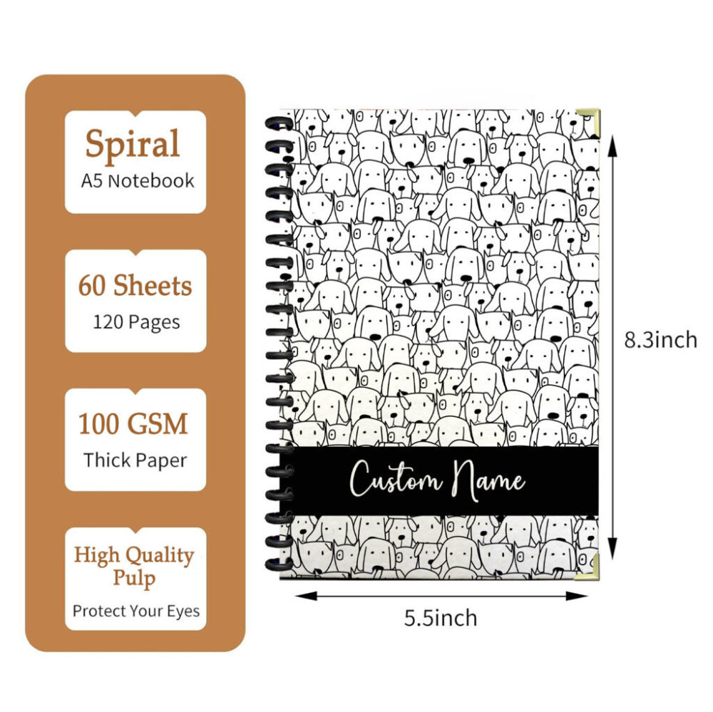 Personalize Spiral Notebook Minimalist Dog Line Art Seamless Pattern 120 Pages, 5.5 x 8.3 inch 2 3 PERNOTE165