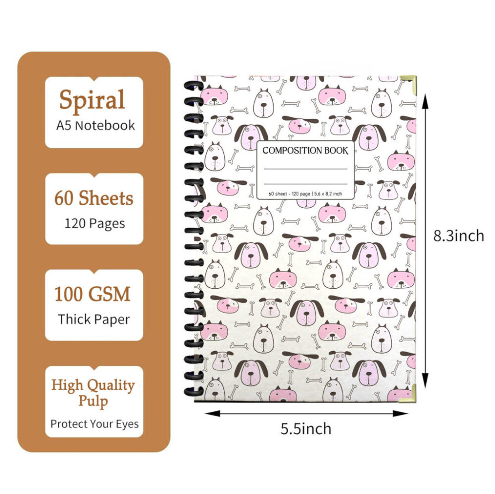Spiral Notebook Playful Monochrome Dogs Bones Paw Prints Food Bowls Hand Drawn Pet Pattern Journal 120 Pages, 5.5 x 8.3 inch 2 3 PERNOTE170 1