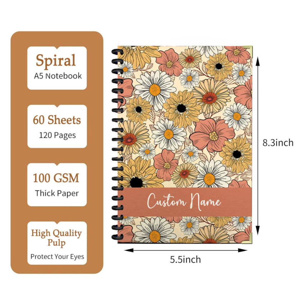 Personalize Spiral Notebook Retro Wildflowers Seamless Pattern 120 Pages, 5.5 x 8.3 inch 2 3 PERNOTE178