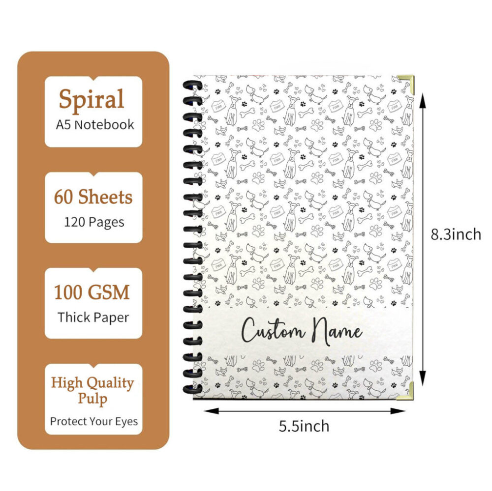 Personalize Spiral Notebook A Playful Monochrome Seamless Pattern Hand-Drawn Outline Dogs, Bones, Paw Prints, and Food Bowls 120 Pages, 5.5 x 8.3 inch 2 3 PERNOTE181