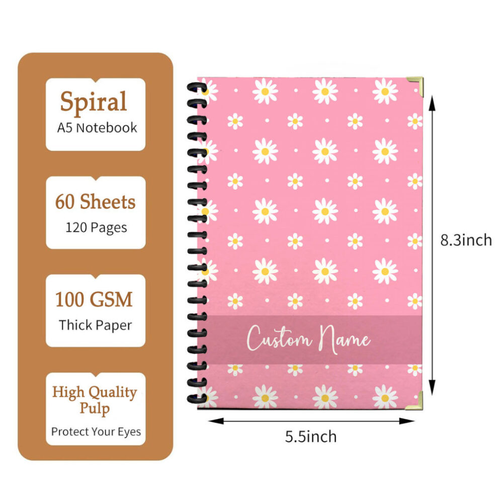 Personalized Spiral Notebook Pink Daisy Floral Pattern with White Dots 120 Pages, 5.5 x 8.3 inch 2 3 PERNOTE186