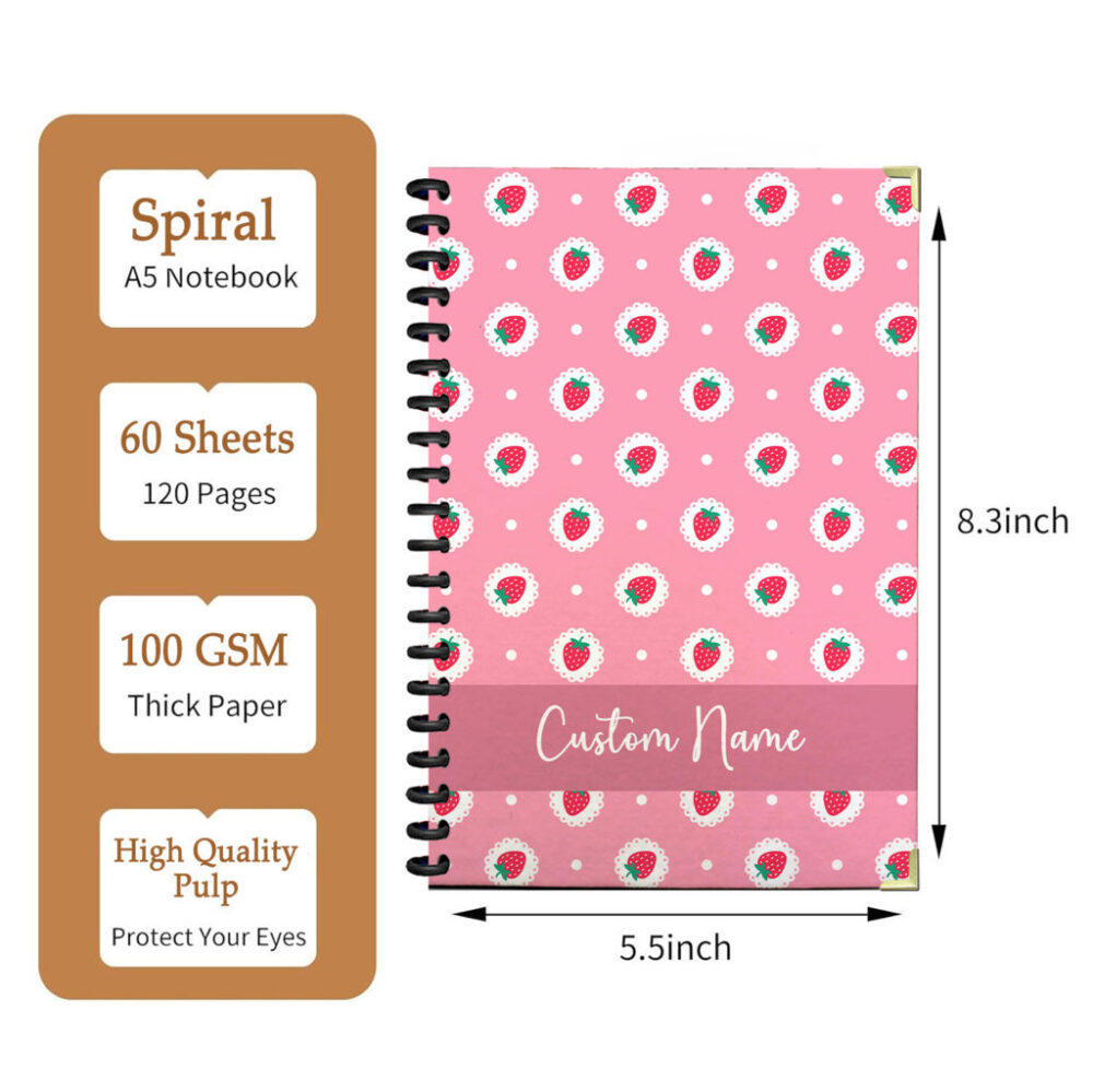 Personalized Spiral Notebook Pink Strawberry Pattern with White Dots and Scalloped Borders 120 Pages, 5.5 x 8.3 inch 2 3 PERNOTE187